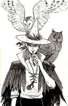 a drawing of an owl wearing a hat with feathers on it's head next to a woman