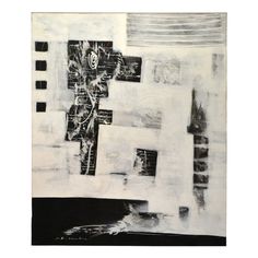 an abstract painting with black and white squares, lines, and rectangles on paper