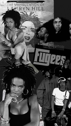 a collage of black and white photos with people in the background, including an advertisement for fugee's