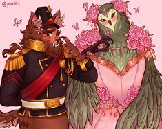 an image of two animals dressed in fancy clothes and one is holding a bird on his shoulder