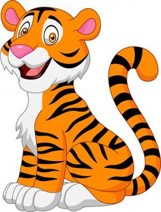 a cartoon tiger sitting on the ground with its tongue out and eyes wide open, smiling