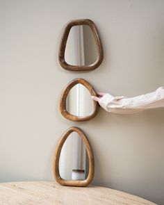 Organically shaped mirror made of wood. Perfect to brighten up a hall, toilet or bedroom. Also very nice to combine together and hang at different heights. Shaped Mirror, Shoe Nails, Bedroom Mirror, Wood Mirror, Things I Love, Jewelry Stand, Ceramic Jewelry, Wall Deco