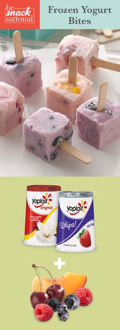 an advertisement for yogurt pops with fruit and ice cream on sticks in front of it