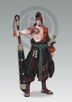 the character is holding two swords in his hands