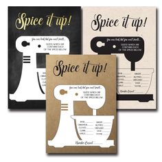 three different greeting cards with the words spice it up and an image of a mixer