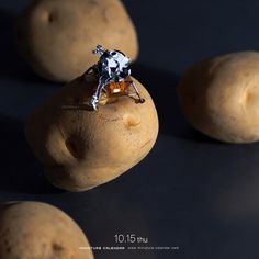 a small silver ring sitting on top of some potatoes