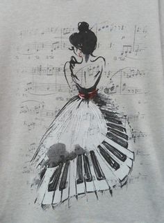 a t - shirt with an image of a woman in a dress playing the piano