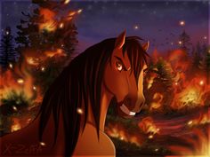 a horse that is standing in front of a fire with it's mouth open