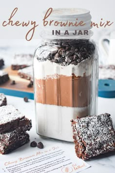 chewy brownie mix in a jar with text overlay