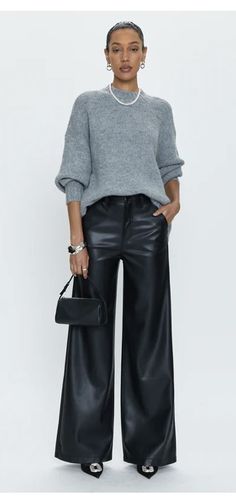 Leather Wide Pants Outfit, Wide Leg Faux Leather Pants Outfit, Leather Wide Leg Pants Outfit, Wide Leg Leather Pants Outfit, Leather Pants Oversized, Anthro Aesthetic, Grey Pullover Outfit, Soft Alt, Black Leather Pants Outfit