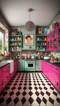 a kitchen with pink cabinets and black and white checkerboard flooring on the walls