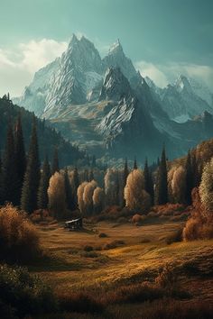 a painting of a mountain range with trees in the foreground and a cabin in the background