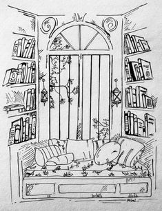 a drawing of a living room with bookshelves and a dog sleeping on the couch