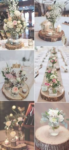 wedding centerpieces are arranged on wooden slices and placed in vases with flowers