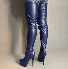 VCSHOES Women Thigh High Boots Club Party Show Over The Knee Crotch Boots Shoes Woman Female Bota Botines Mujer Big Size 4-19 LGZ227 Blue-4 Heeled Platform Boots, Women Thigh High Boots, High Thigh Boots, Knee High Platform Boots, Vintage Suit, Leather Thigh High Boots, Hot Boots, Super High Heels, Boots Heels