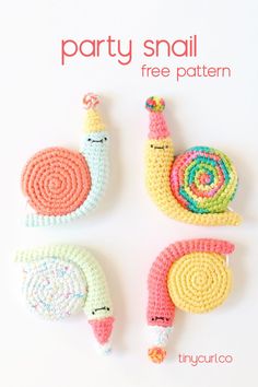 three crocheted snails are sitting on top of each other, with the words party snail free pattern