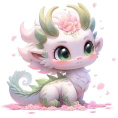 a cute little animal with horns and flowers on it's head, sitting down