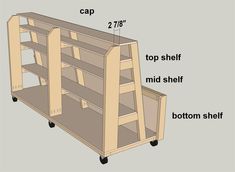 an image of a bookcase with measurements for the top shelf and bottom shelf on wheels