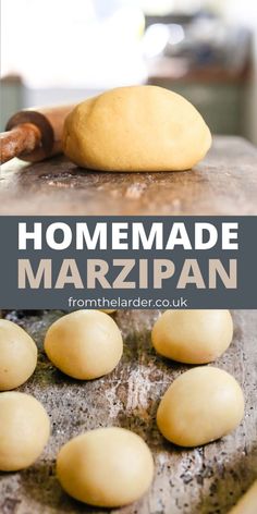 homemade marzipan dough on a wooden table with rolling pin in the background and title overlay