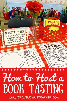 how to host a book tasting for kids at the table with red and white checkered tablecloth