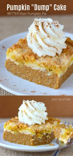 pumpkin dump cake with whipped cream on top and in the middle, sitting on a white plate