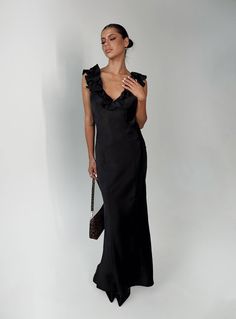 Frill maxi dress Satin material, v neckline, tie fastening at upper back, low cut back, invisible zip & hook fastening at side Non-stretch material, lined bust 100% polyester Cold machine wash in laundry bag Black Bridesmaids Dresses, Maxi Dress Satin, Frill Maxi Dress, Black Ruffle Dress, Black Bridesmaid Dresses, Maxi Dress Black, Dress Satin, Invisible Zip, Midi Maxi Dress