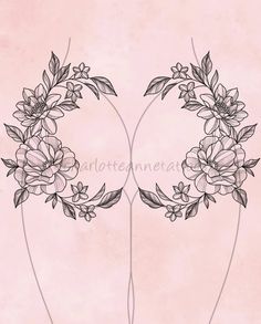 two flowers with leaves and stems drawn in black ink on a light pink paper background