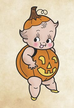 a drawing of a baby holding a pumpkin