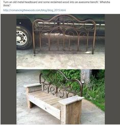 two pictures side by side one has a bench and the other has a bed frame