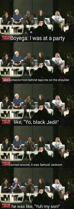 two people sitting at a table with laptops in front of them and the caption says, boyega i was at a party like yo black jedi?