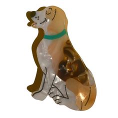 a glass figurine of a dog sitting on its hind legs with a collar around it's neck