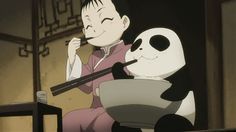 an animated image of a man eating food with a panda on his lap next to him