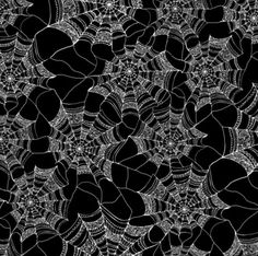 black and white lace fabric with hearts on the bottom, surrounded by spider webs