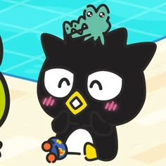 two black cats are standing next to each other in front of a pool with an octopus on its head