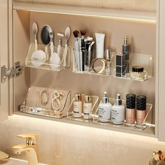 a bathroom shelf filled with lots of beauty products