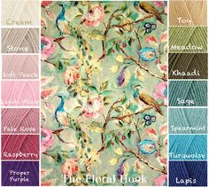 the floral hook color chart is shown in different colors and sizes, including blue, green,