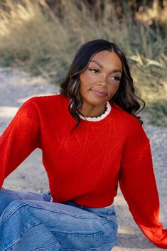 The Cosmic Love Scalloped Sweater features a scalloped hem and collar, cable knit texture, and super soft material. We love this bright red sweater paired with your favorite pair of jeans! cropped stretchy and soft // paired with the free people good luck mid rise barrel jeans in light blue Scalloped Sweater, Scallop Sweater, Cosmic Love, Barrel Jeans, Knit Texture, Jeans Cropped, Red Sweater, Scalloped Hem, Red Sweaters