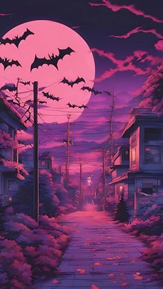 an image of a street at night with bats flying over the city and full moon in the sky