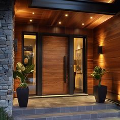 two large planters on the front steps of a house with wood paneling and glass doors