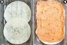 three different types of tortillas sitting on top of a wooden table next to each other