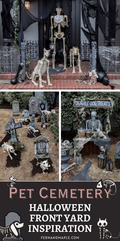 the front yard is decorated for halloween with skeletons and tombstones