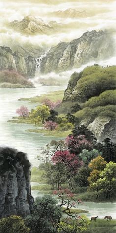 leecheesart.com Chinese River Painting, Chinese Mountain Painting, Calm Scenery, Chinese Painting Traditional, East Asian Art, Vertical Wall Art