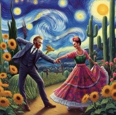 a painting of a man and woman dancing in front of a night sky with sunflowers