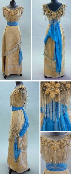 Evening gown, ca. 1910-14. Gold damask with blue chiffon sash and gold florets. Bodice has beaded fringe. Kerry Taylor Auctions by SayaValentine Blue Sash, Fashion 1910, 1910s Fashion, Period Clothing, Edwardian Dress, 20th Century Fashion, Old Dresses, Antique Dress, Vintage Gowns