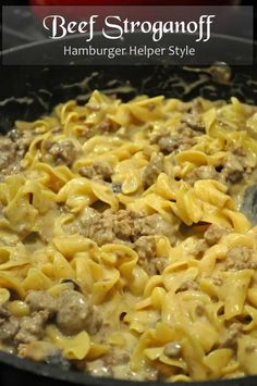 a skillet filled with hamburger helper style pasta