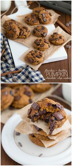 chocolate chip cookies are stacked on top of each other, and one is half eaten