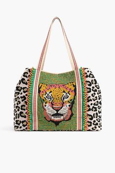 Forestry Leopard Embellished Tote Leopard Fashion, Pocket Organizer, Hand Beading