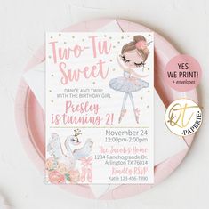 "En Pointe for a birthday celebration! Invite your little ballerinas to dance and twirl with our gorgeous ballerina birthday invitations. Featuring a charming TWO-tu wearing ballerina in a lovely pink and gold design, these invitations are perfect for your little one's ballet-themed party. With customizable text and a durable cardstock construction, they're sure to set the tone for a day full of graceful and enchanting fun. So don't wait, plié into party planning and order your ballerina 2nd bir Two Tu Birthday Party, Two Two Ballerina Party, Two Tu Cute Birthday, Tutu Sweet 2nd Birthday, Ballerina Second Birthday Party, Ballerina 2nd Birthday Party, Tutu Two Birthday Party, Two Two Cute 2nd Birthday Party