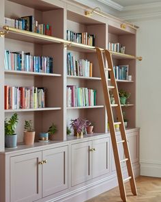 a ladder leaning up against a bookshelf filled with lots of books and plants