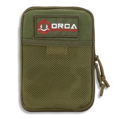 a green pouch with the word orca in red and white on it's side